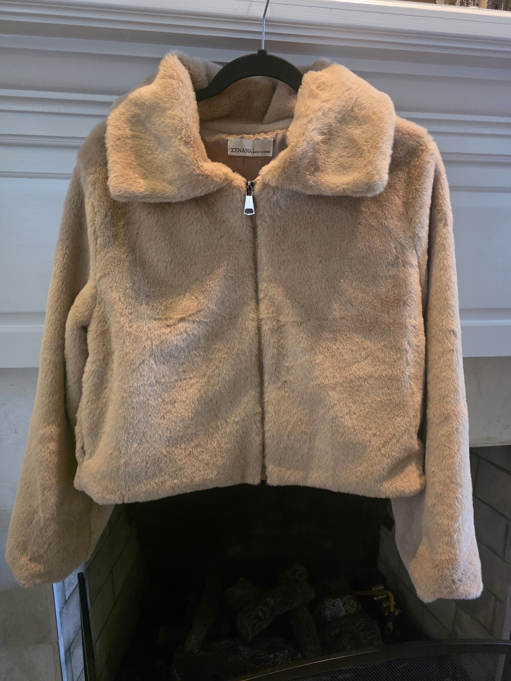 Zenana Outfitters Plush Zip-Front Teddy Jacket in Beige